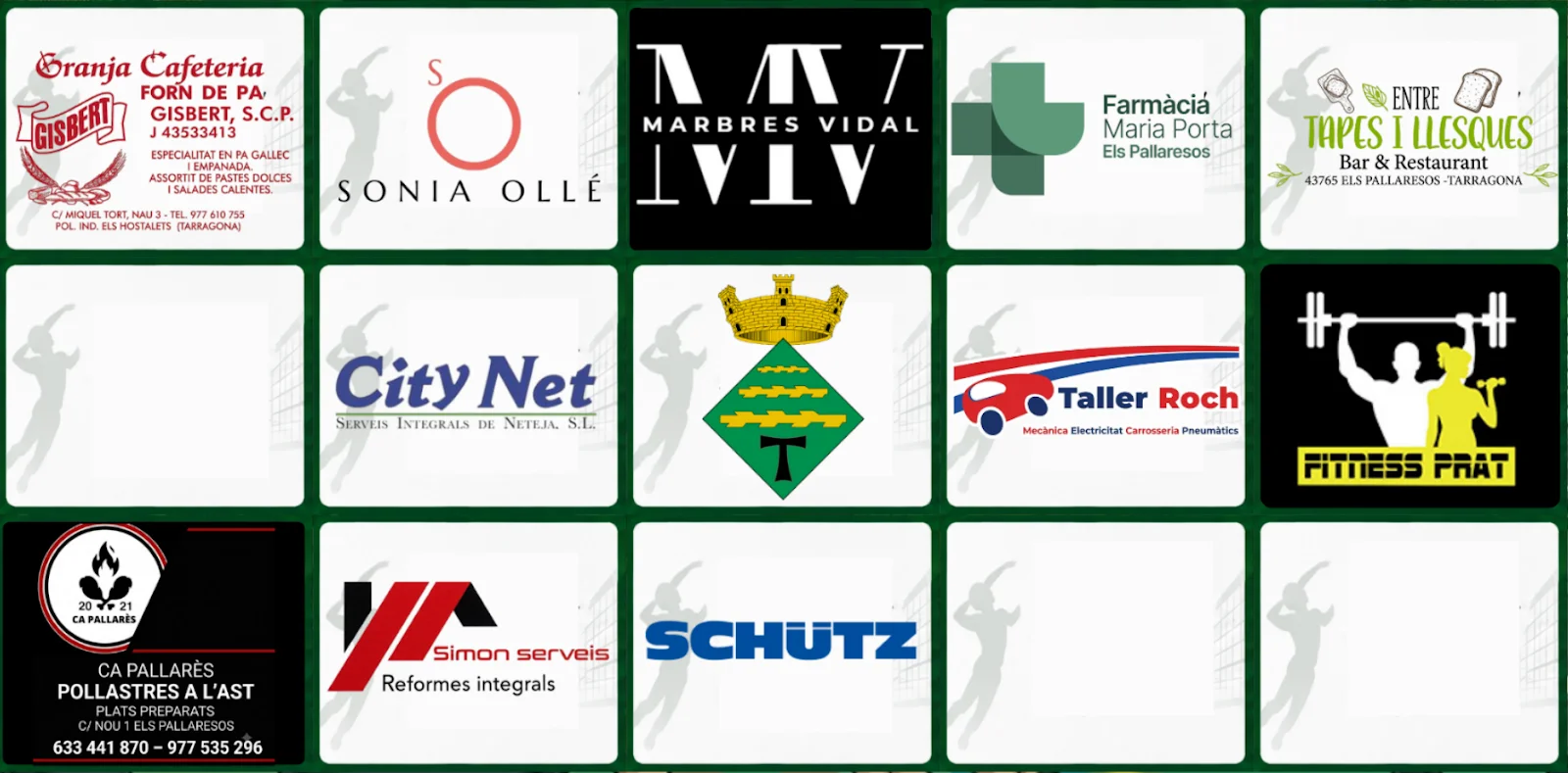 Patrocinadors: Granja Cafeteria i Forn de Pa Gisbert, Sònia Ollé, Marbres Vidal, Farmàcia Maria Porta, Entre Tapes i Llesques, CityNet, Ajuntament dels Pallaresos, Taller Roch, Fitness Prat, Ca Pallarès, Simon Serveis i Schütz.